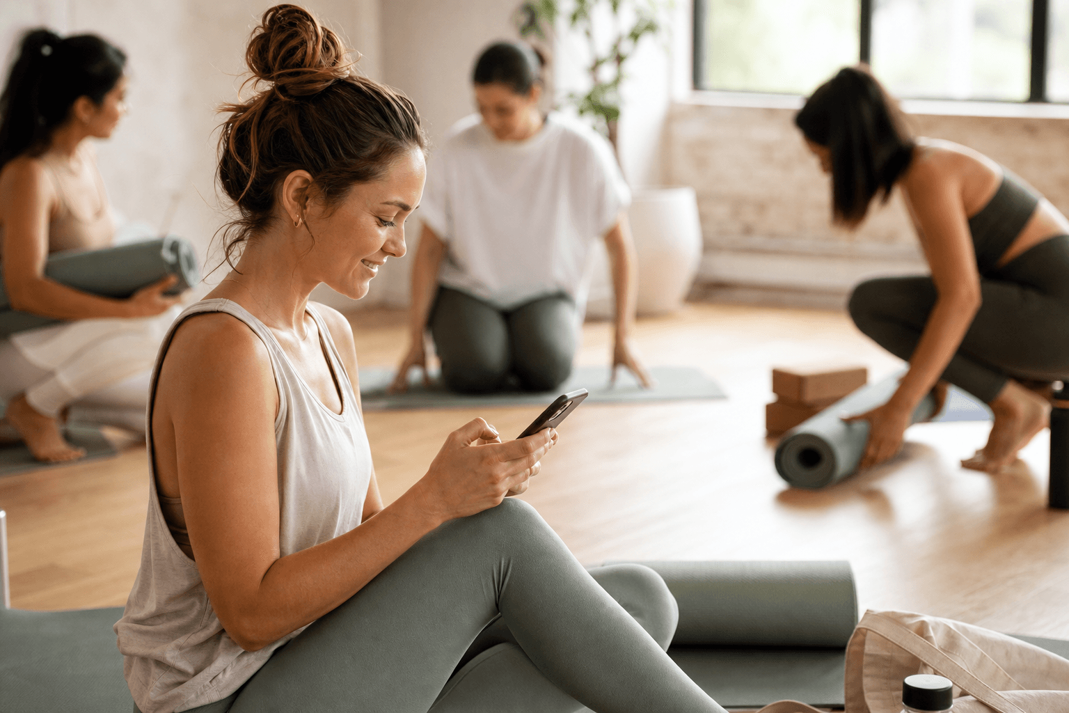 People preparing for a group class while one checks a booking on a phone