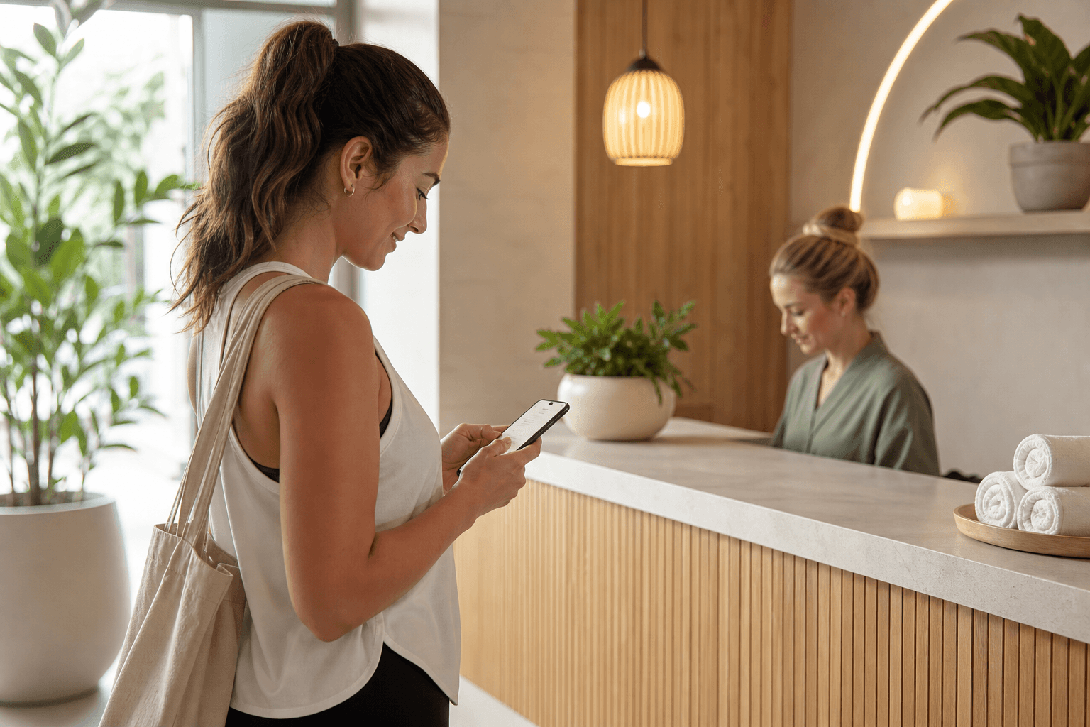 A customer comparing studio plans on a phone at a calm wellness reception