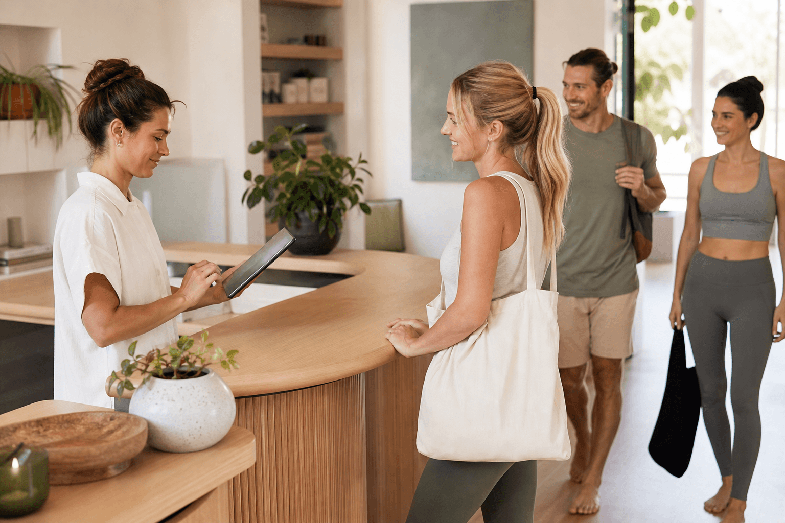 A studio host checking in arriving customers at the front desk